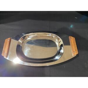 Kromex chrome serving tray, cheese tray, 1957 made in USA, wooden handles